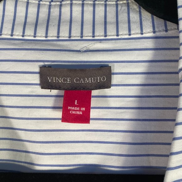 💰 5 FOR $40 / VINCE CAMUTO WHITE & BLUE PINSTRIPED RUCHED SLEEVES (SZ L) (EUC) - Picture 3 of 6